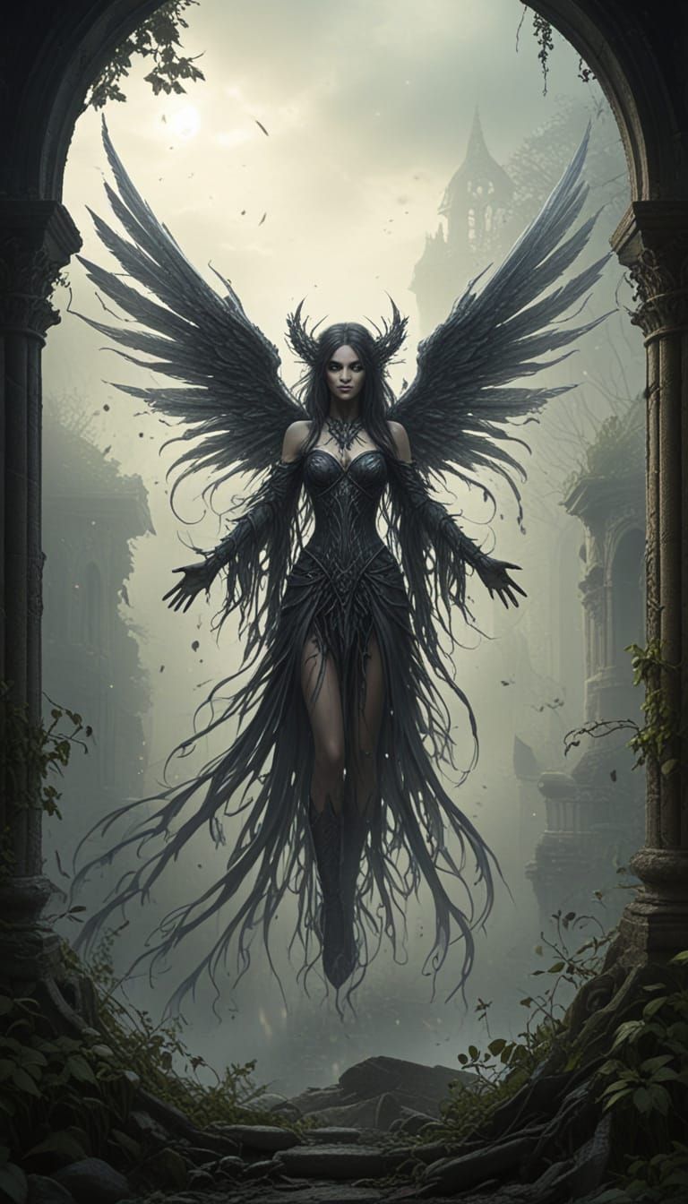 Ethereal Shadow Fairy in Ancient Gothic Ruins