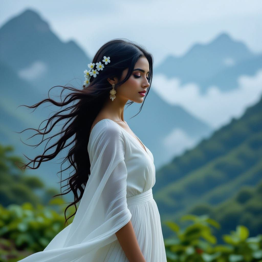 South Asian Woman in Mountain Landscape
