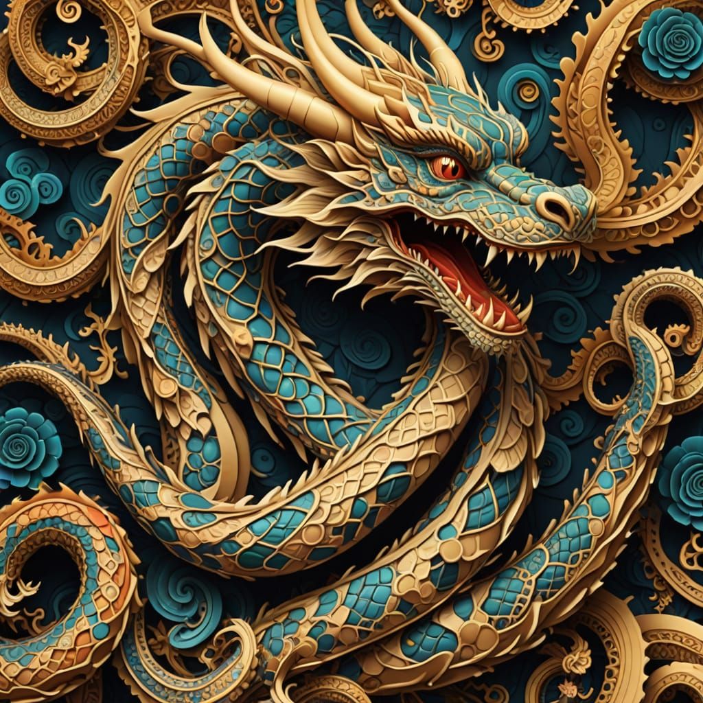 Spiritual Chinese Dragon in Vibrant Fractal Waves