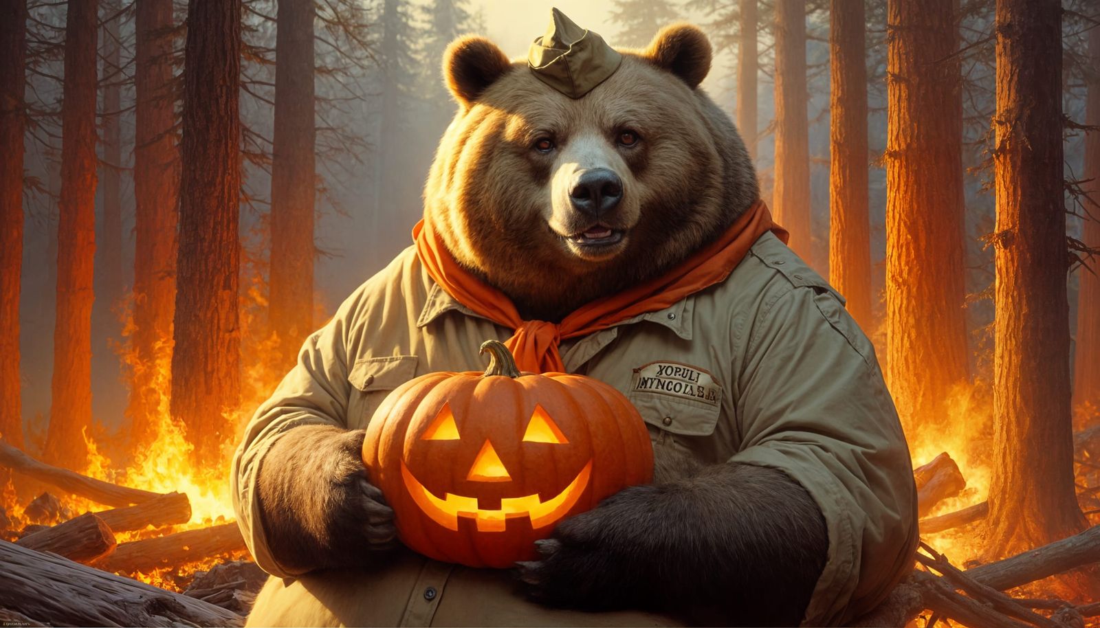 Kodiak Bear Scoutmaster with Jack-o'-Lantern in Burning Fore...