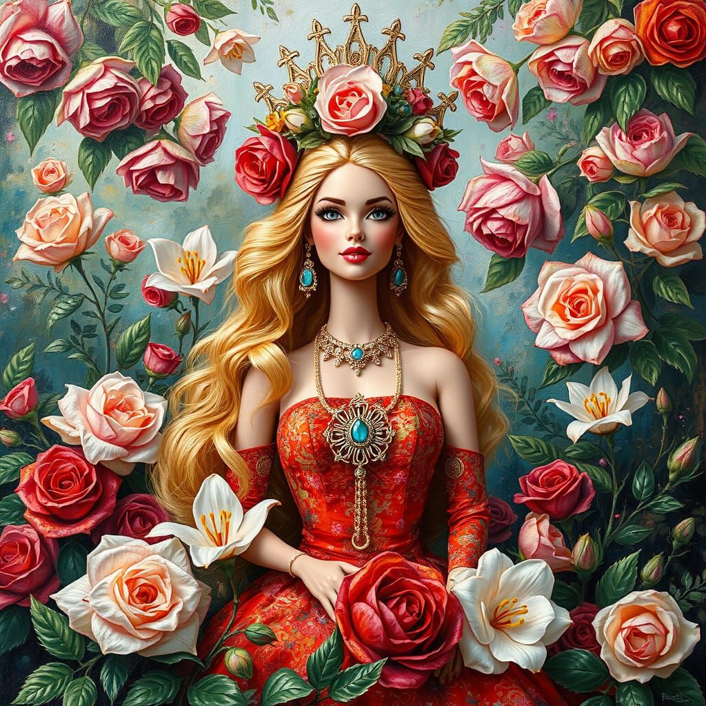 Golden Empress Barbie in a Whimsical Floral Garden