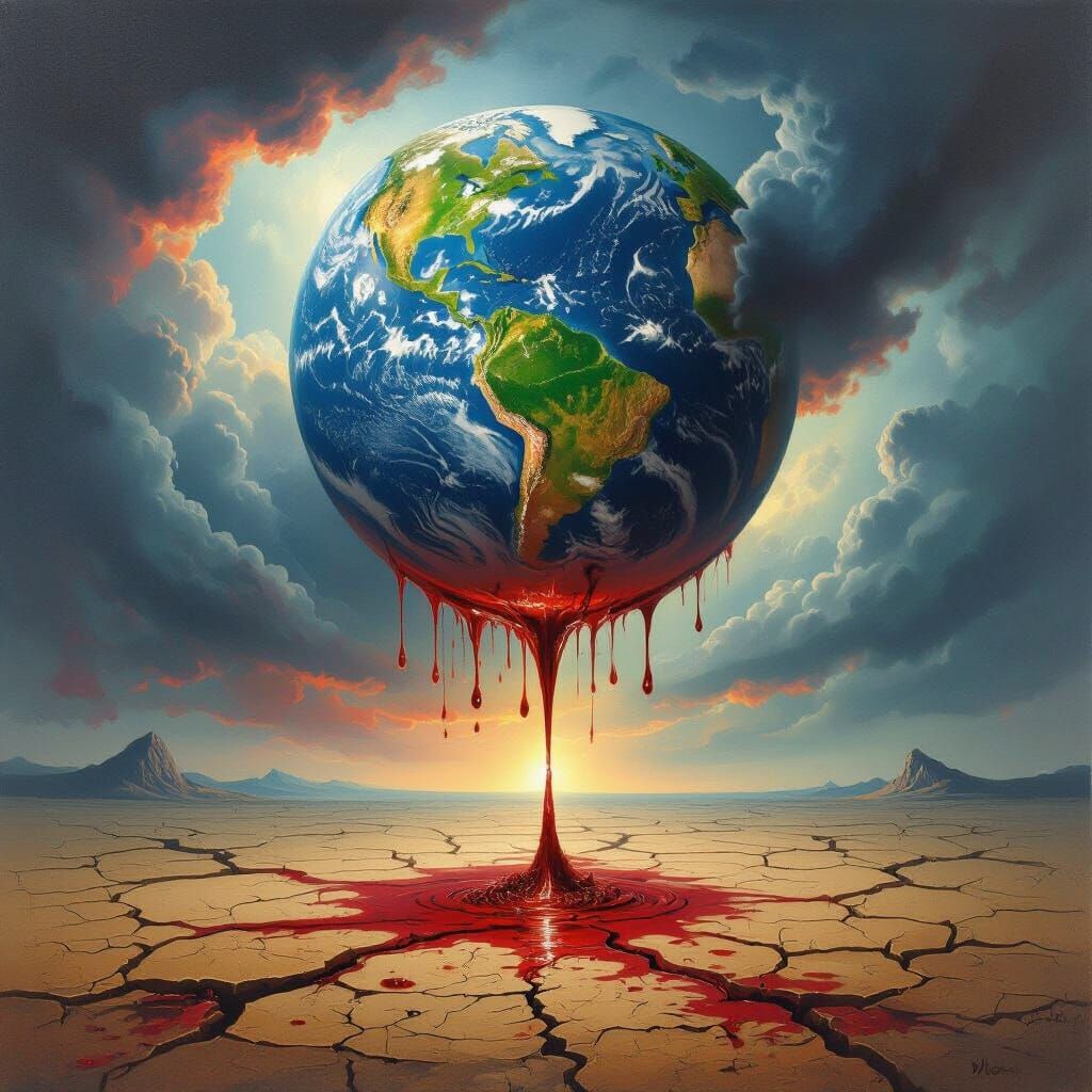 Surreal Earth Weeps Blood Under Stormy Skies