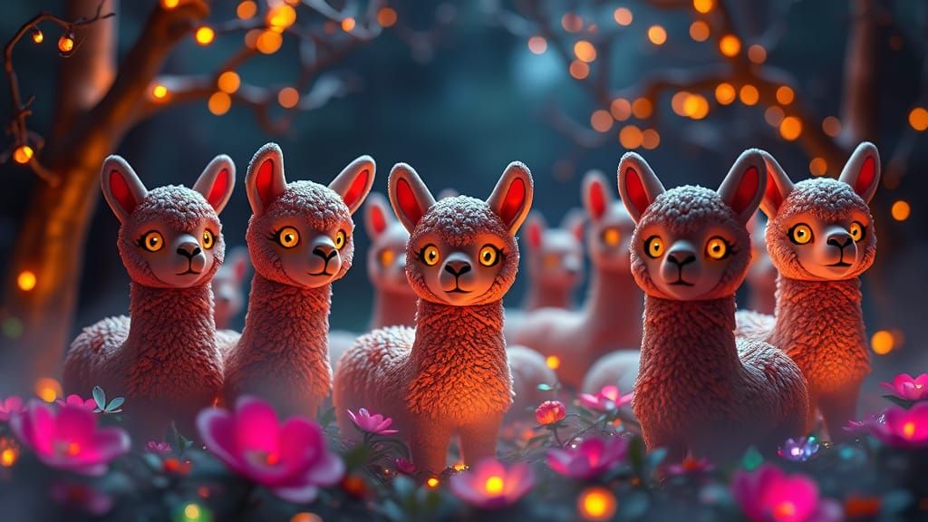 Llama Topiaries with Bioluminescent Flowers in 3D