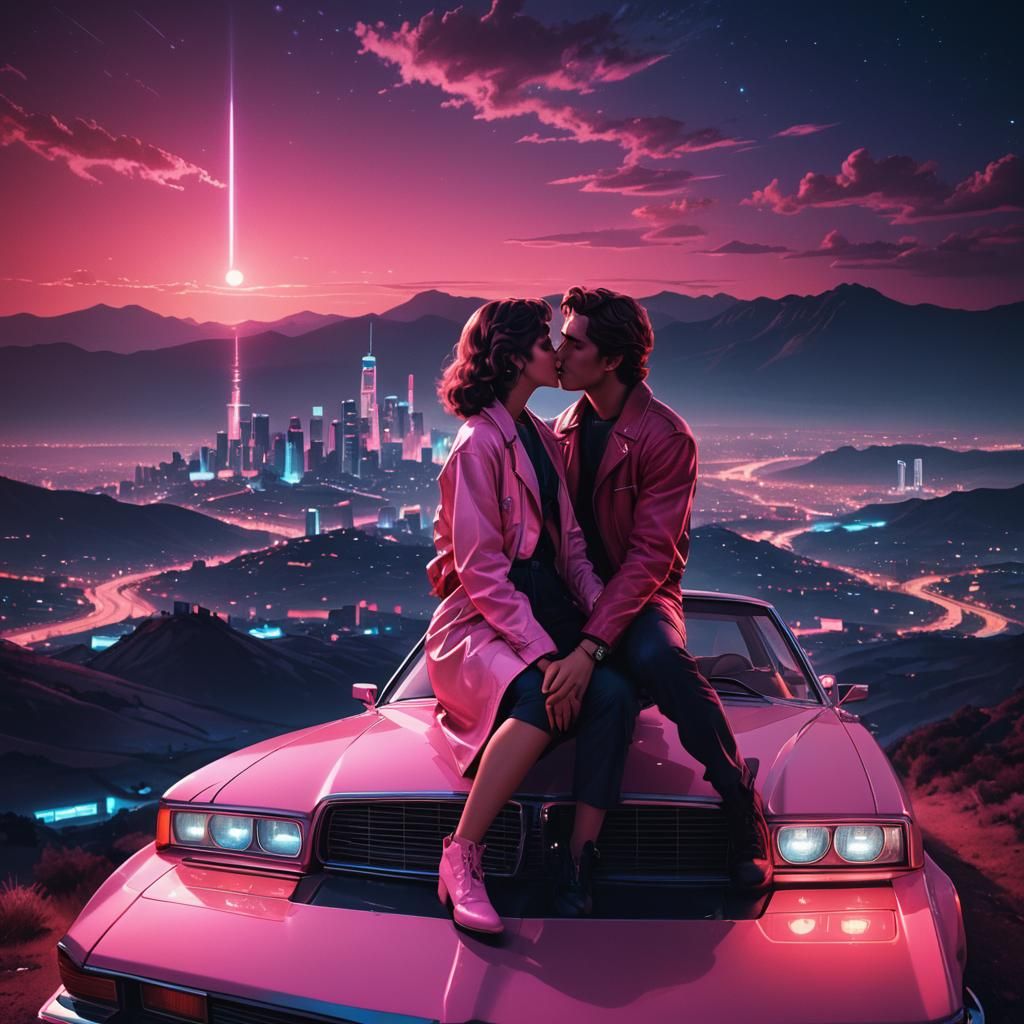 Retro-Futuristic 80s Cityscape Kiss: Cinematic Concept Art