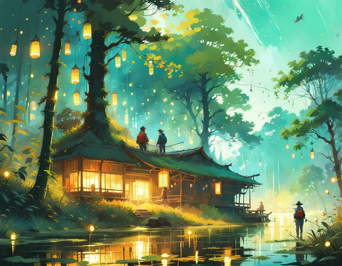 Fireflies Illuminate Lakeside: A Digital Illustration