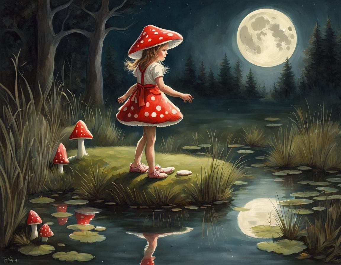 Girl Hopping on Toadstools Under Moonlight