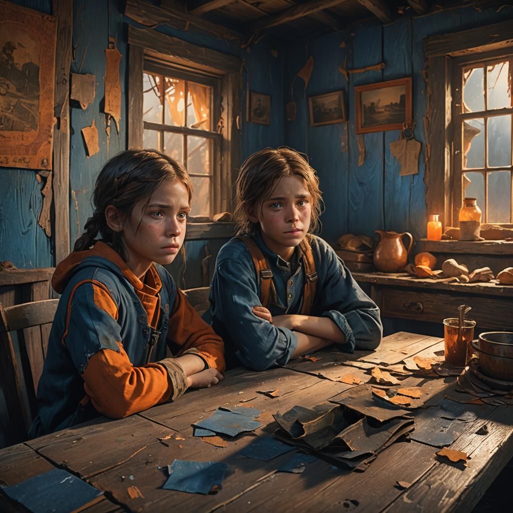 Fantasy Art: Sad Children in Ruined Home