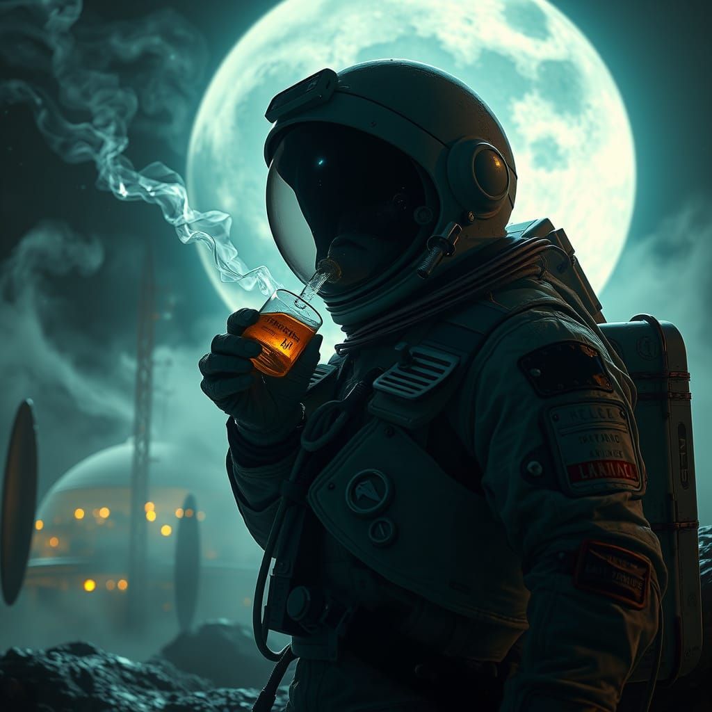 Astronaut Moon Elixir Distillery in Hyperrealistic Style