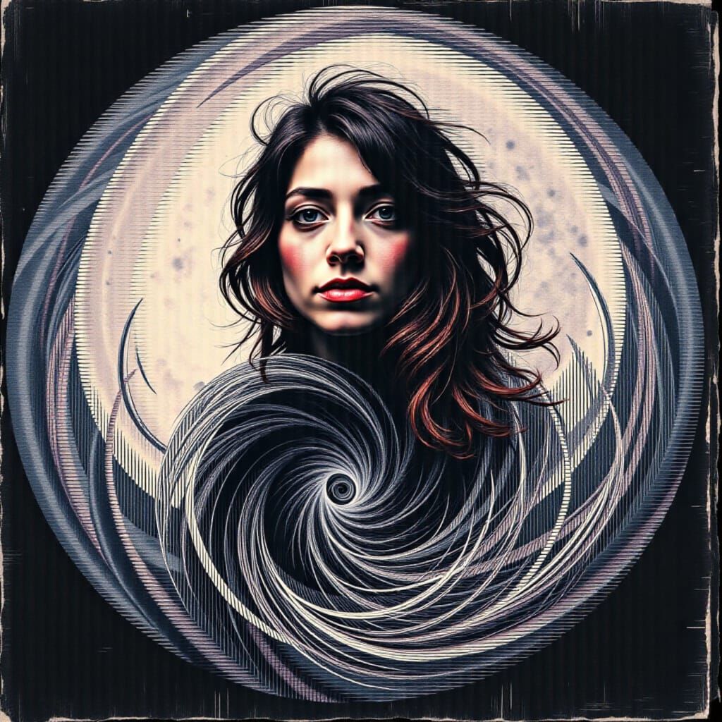 Ethereal Woman Under Glitchy Full Moon in Surreal Watercolor...