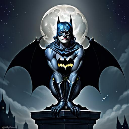 Moonbeams dance on polished cowl,
A watchful gaze, a predator's prowl.
Gargoyles stare, with stoic grace,
As Batman glid...