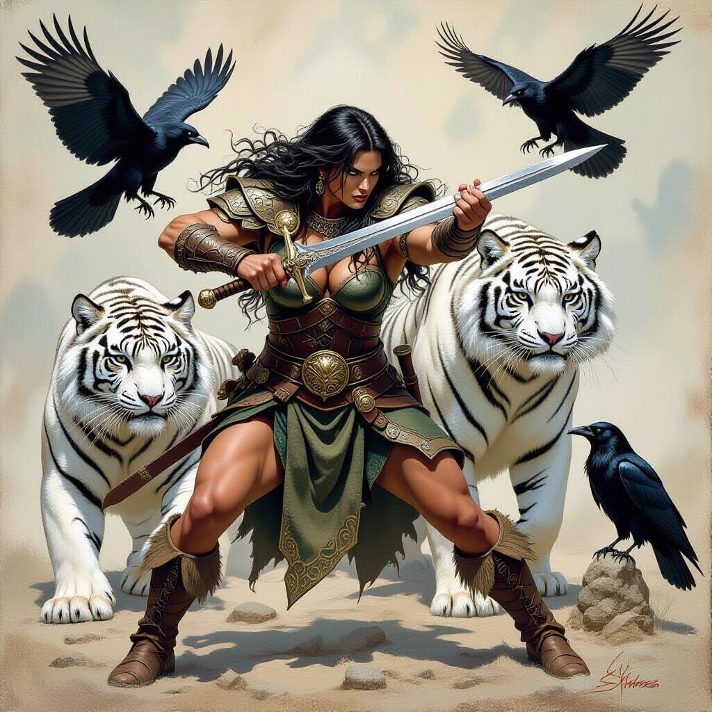 Celtic Warrior in Arena Watched by Tiger and Ravens