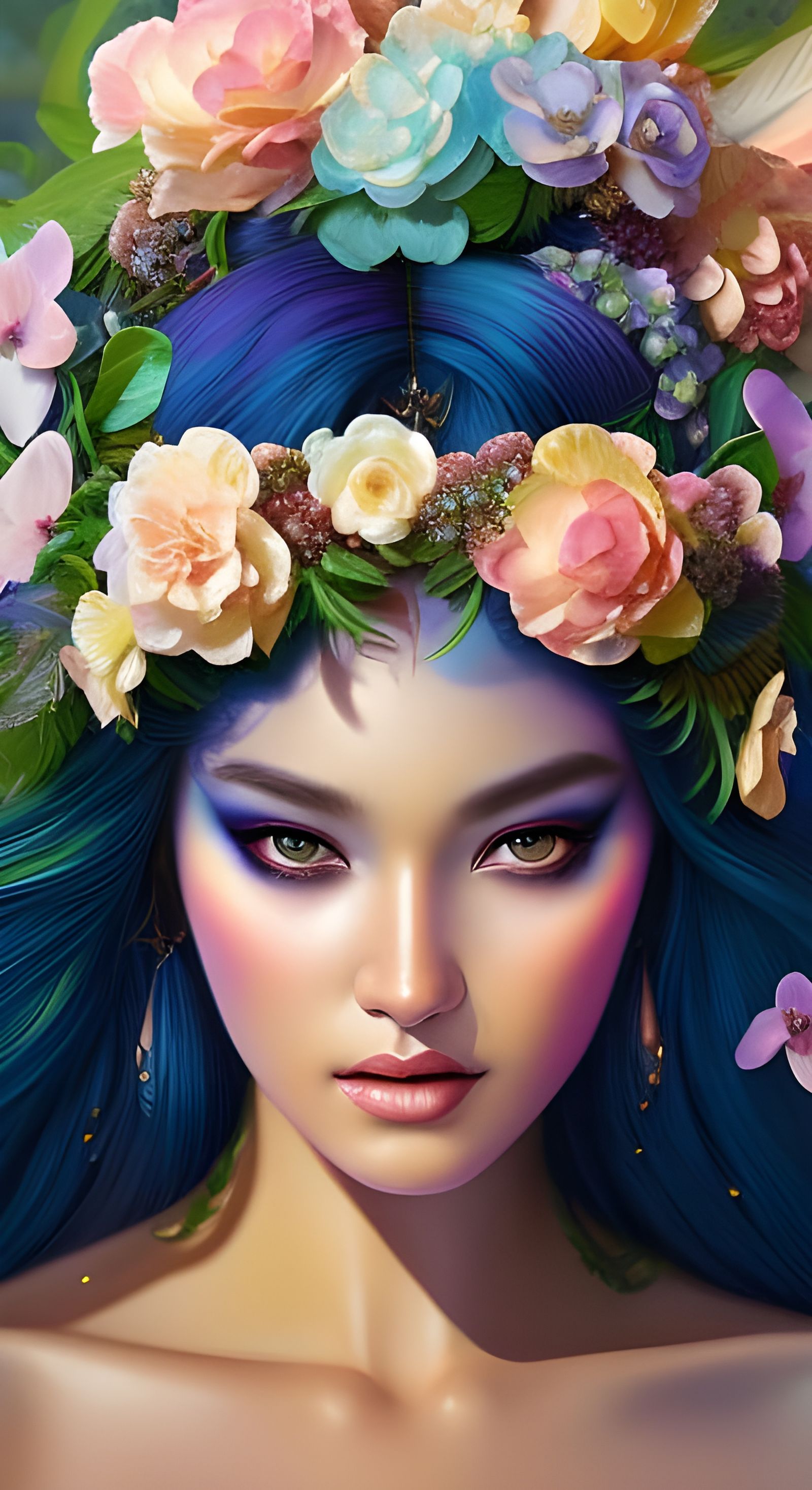 Hippie Queen Portrait with Flowers in Rococo Style