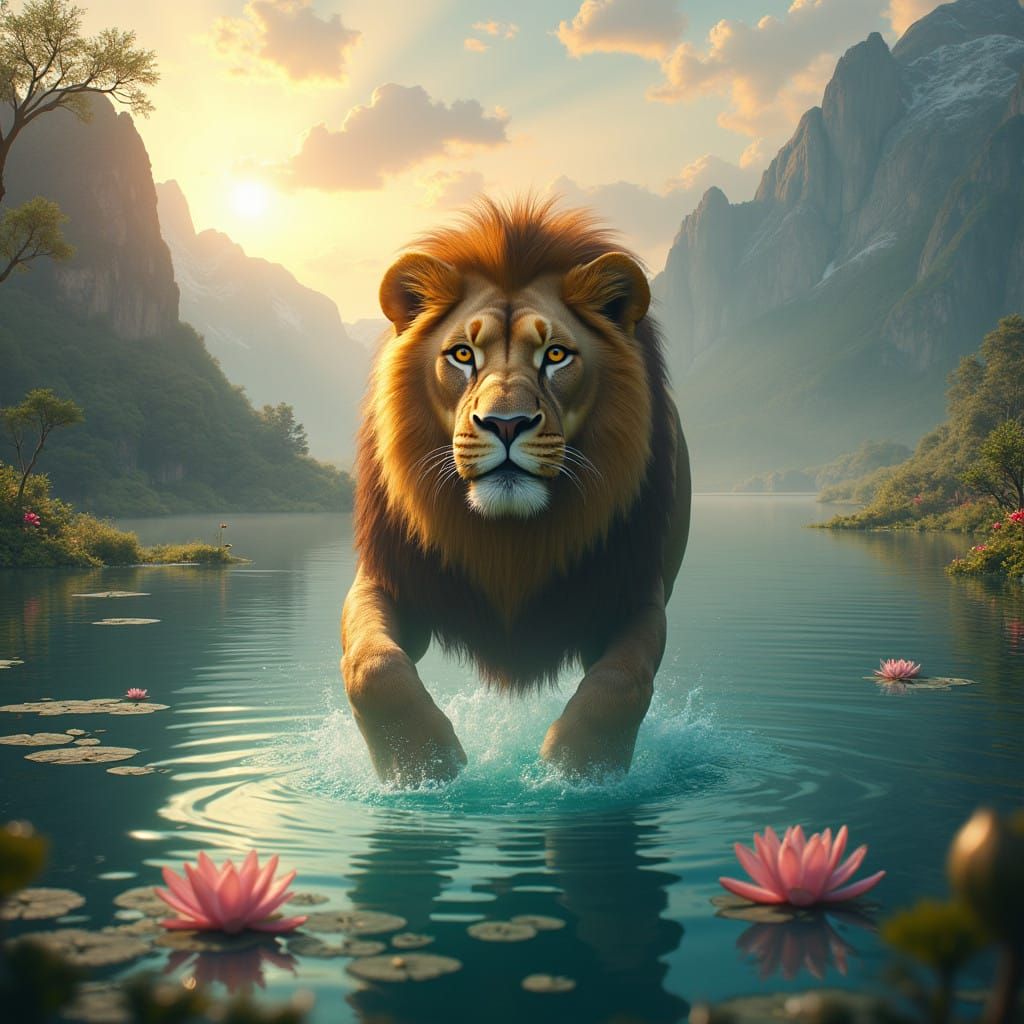 Regal Lion Surveys Mystical Lake in Sunset Glow