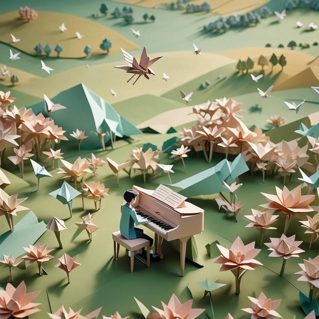 Boy Flies Piano in Papercraft Dreamscape