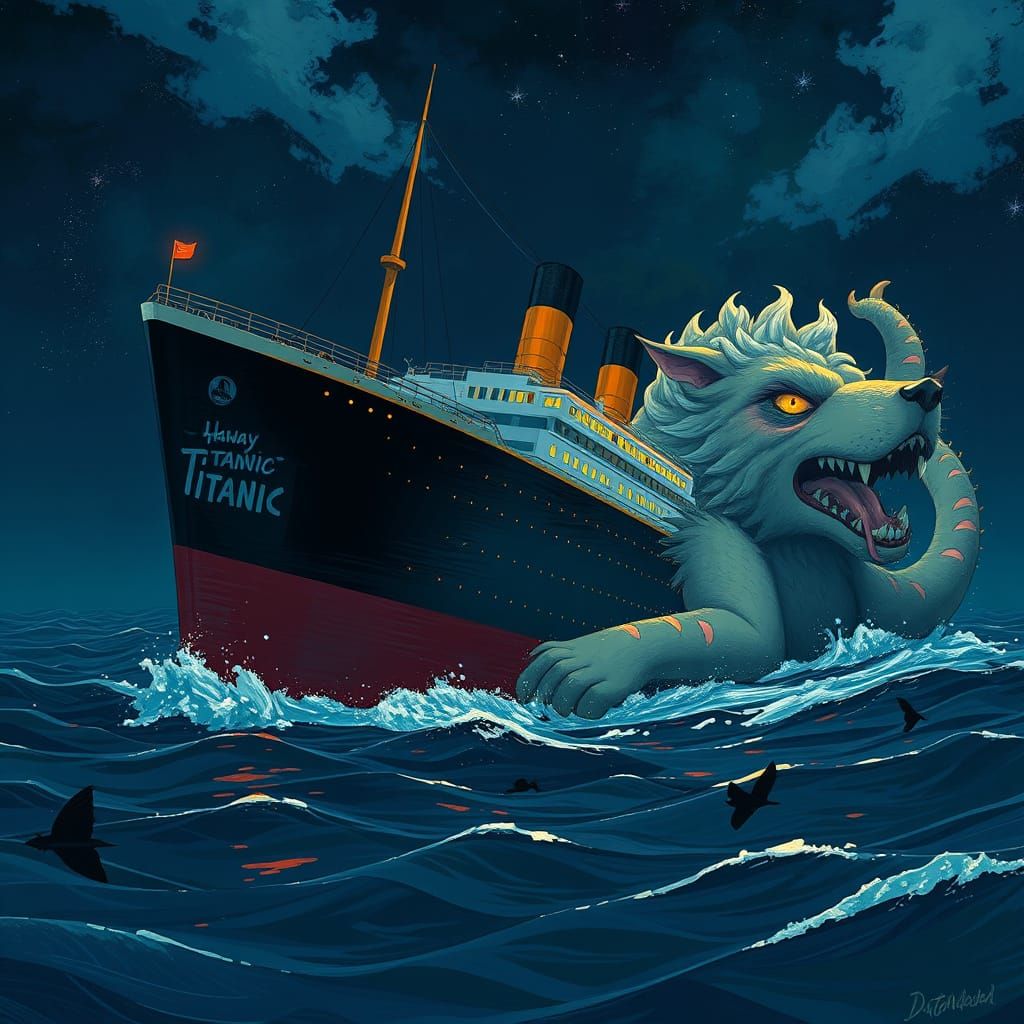 Titanic Ship Meets Fantastical Canine in Dreamlike Dark Ocea...