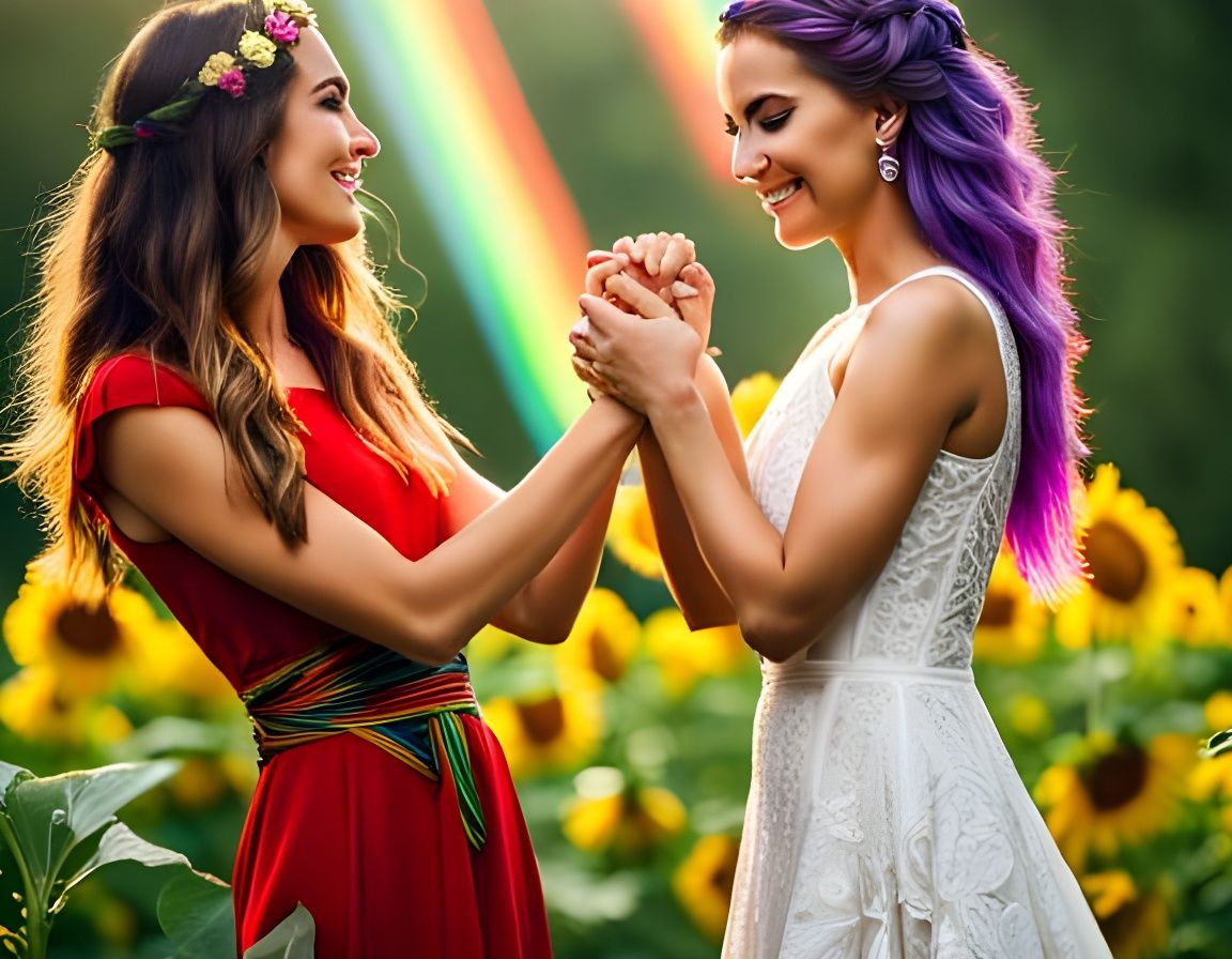 Romantic Hug: Girls in a Sunlit Rainbow Sunflower Field