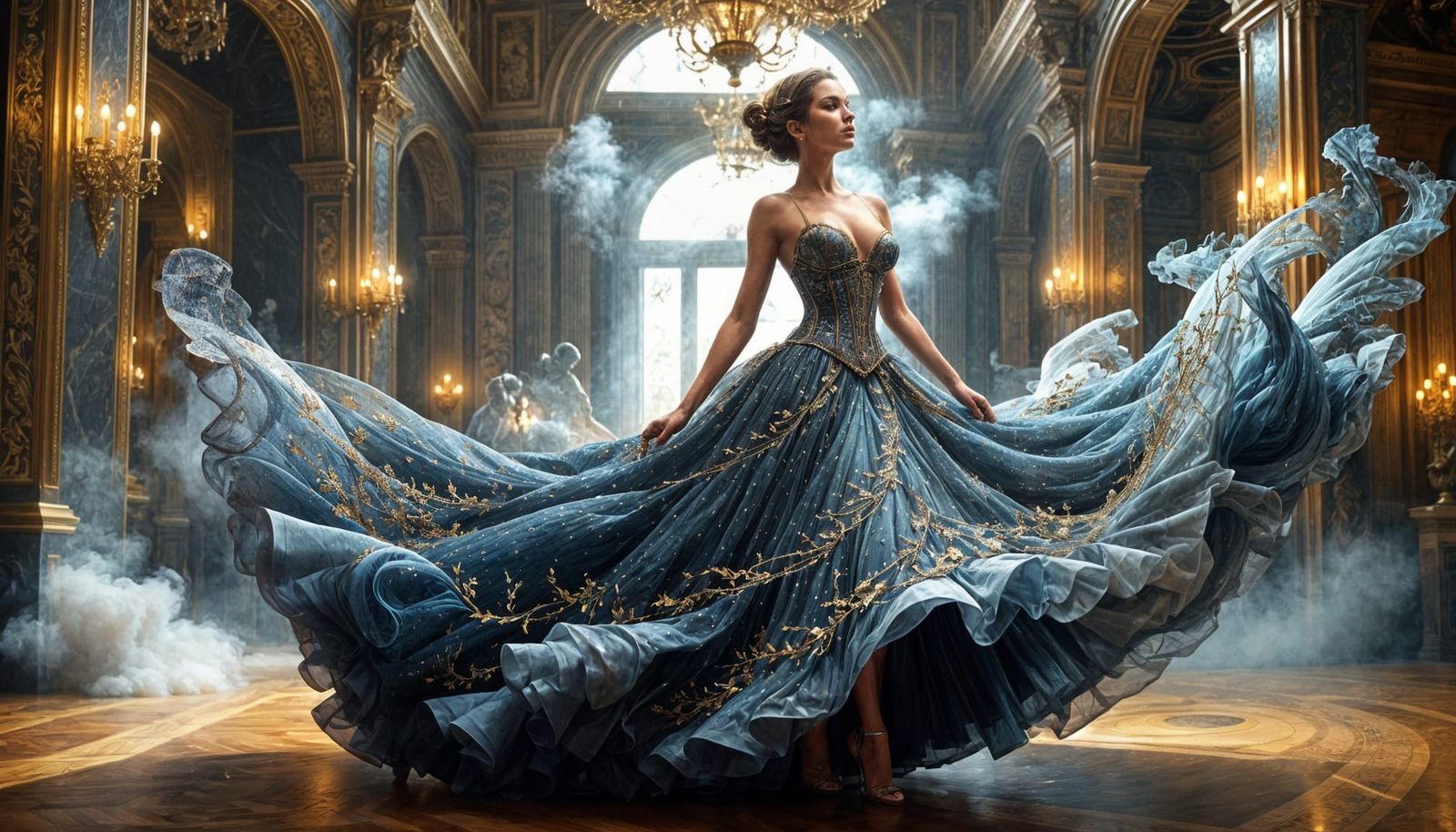 Surreal Ballroom Scene with Woman in Elaborate Corset