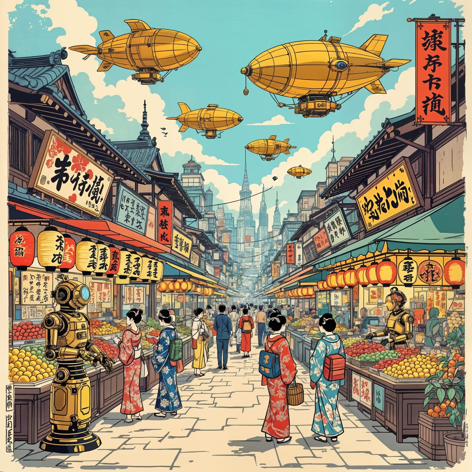 Steampunk Market in Futuristic Metropolis Ukiyo-e Style