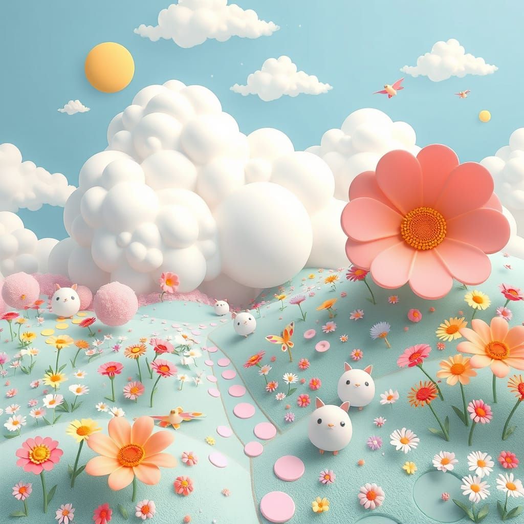 Pastel Whimsical Landscape in Playful Style