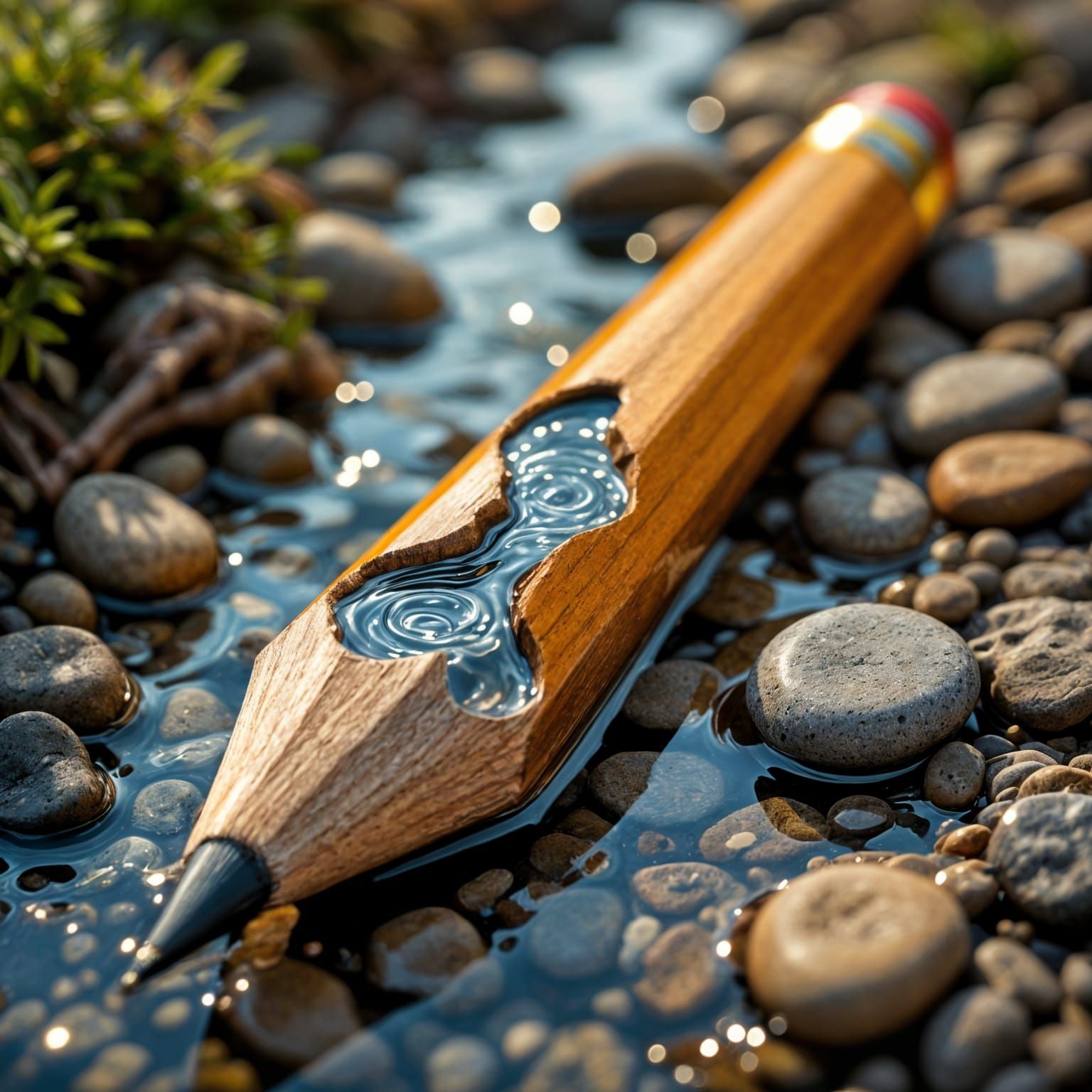 Realistic Pencil with River Macro Photo