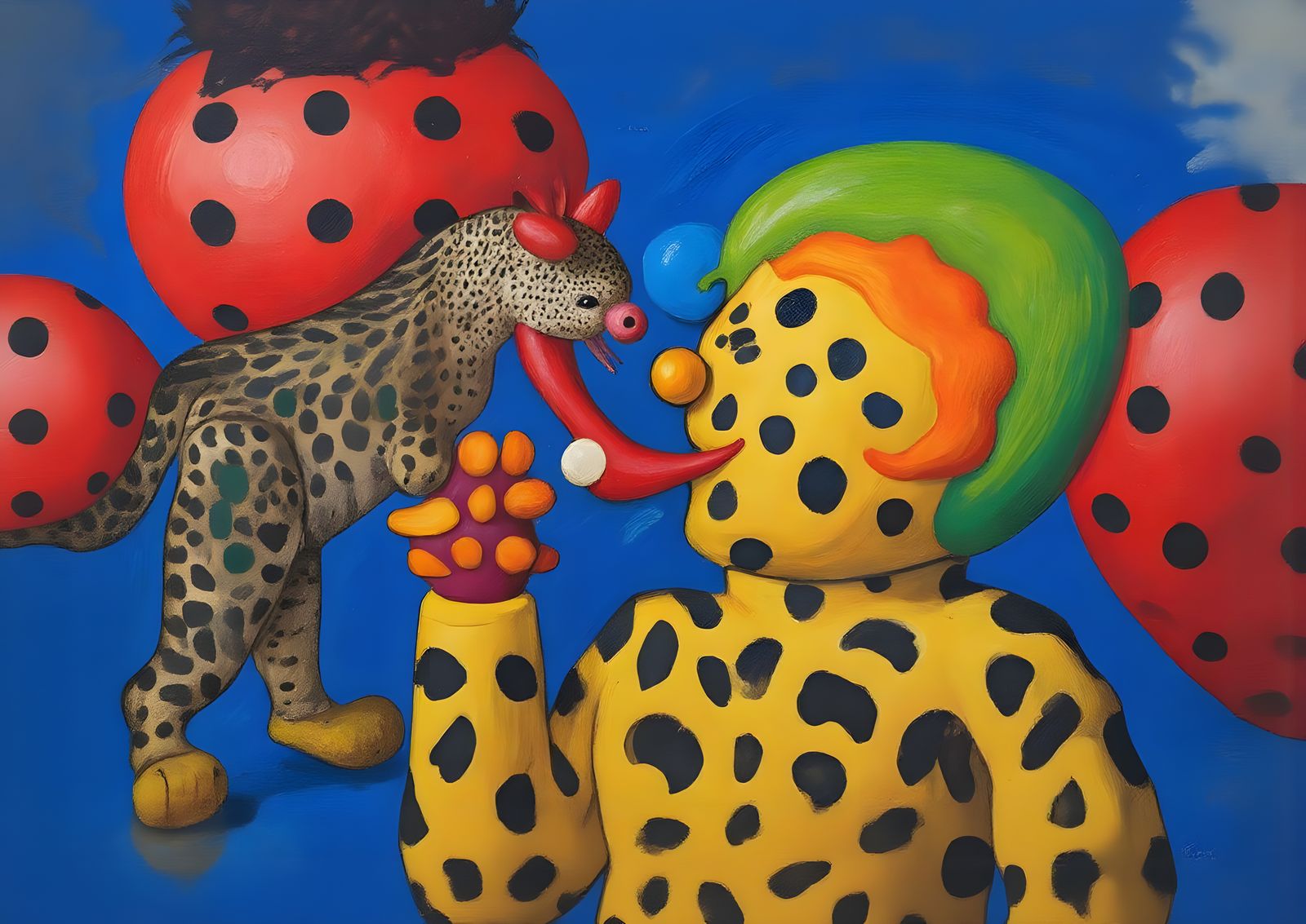 Leopard and Clown Balloon Show: Neo-Impressionist Oil Painti...