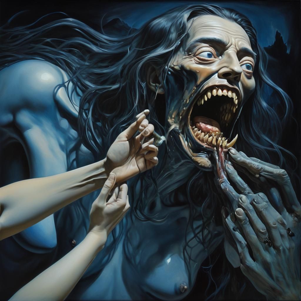 A dark, ominous scene with a large, hyperrealistic grotesque...