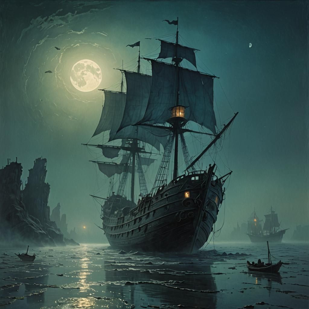 Decaying Ghost Ship in Foggy Surrealist Landscape