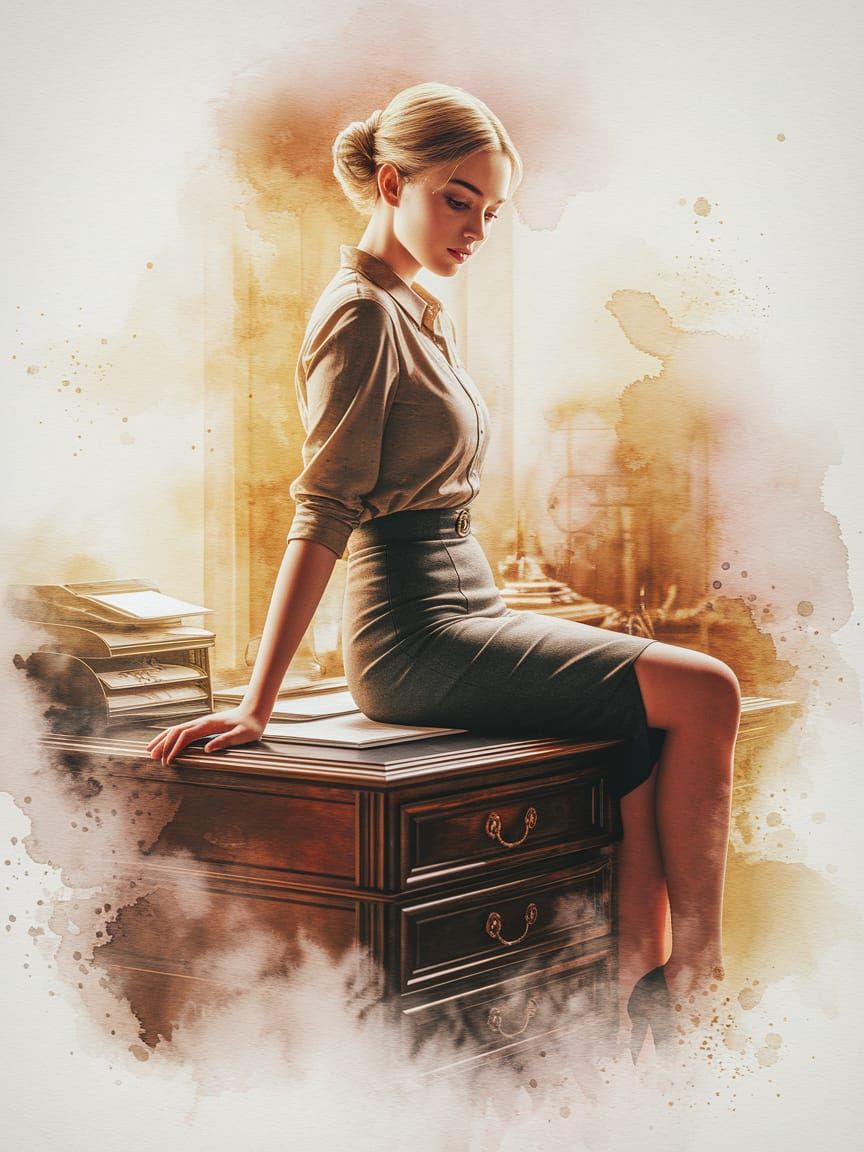 Watercolor Portrait of a Serene Blonde Woman in Golden Light