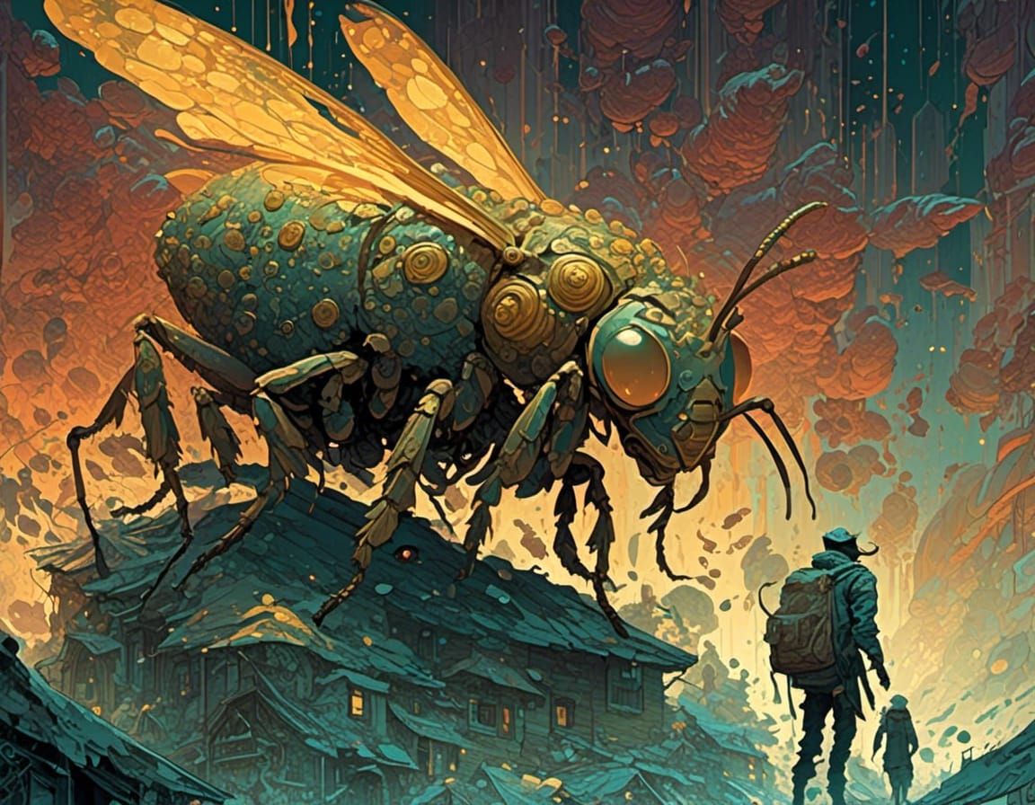 Man Exhaling Hornets in Detailed Matte Photography