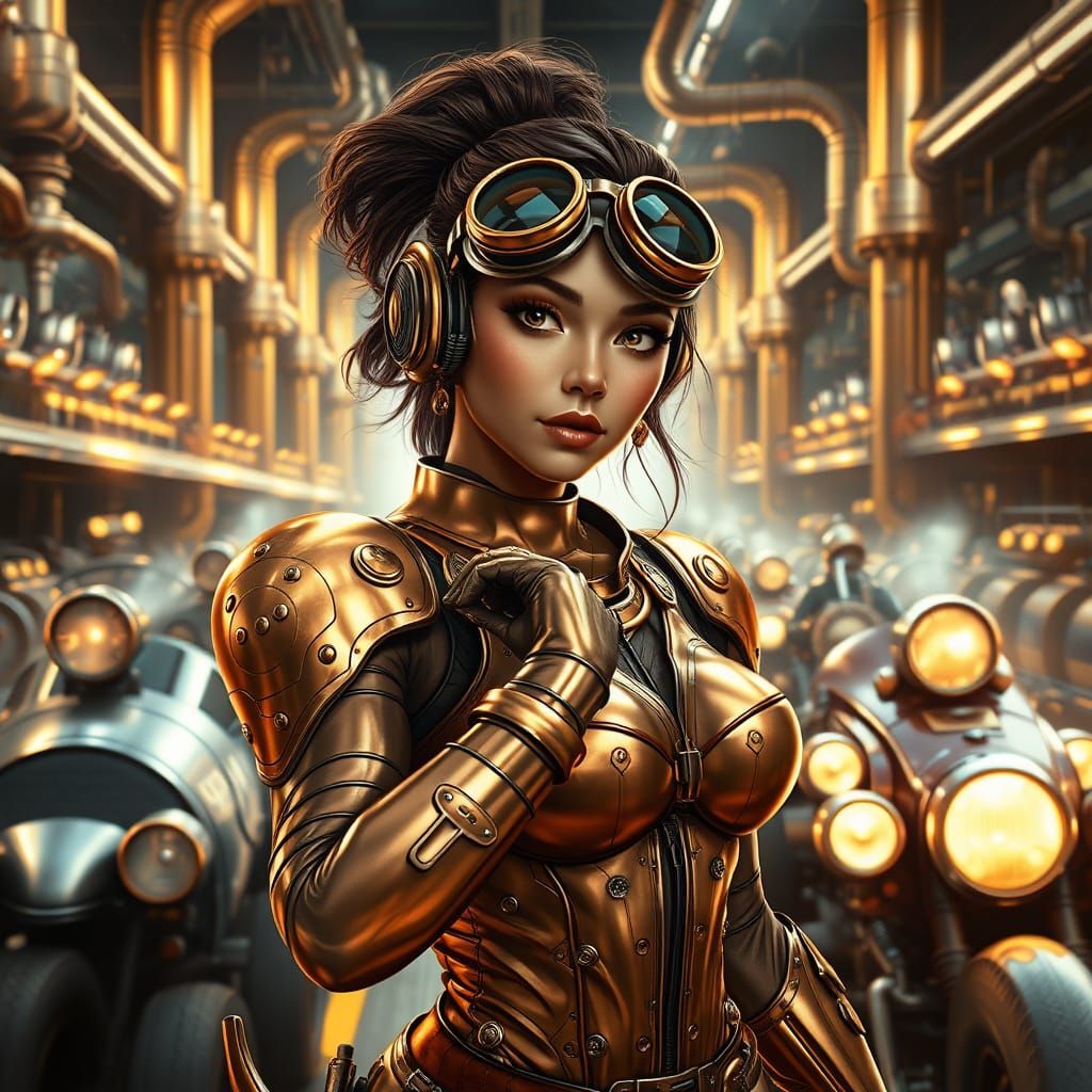 Elegant Steampunk Superheroess in Modern Racetrack