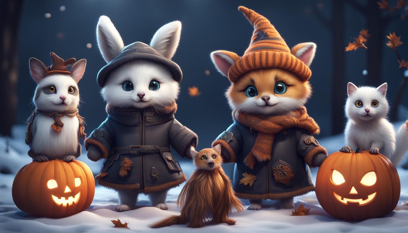 Animals Celebrate Halloween and Winter Together