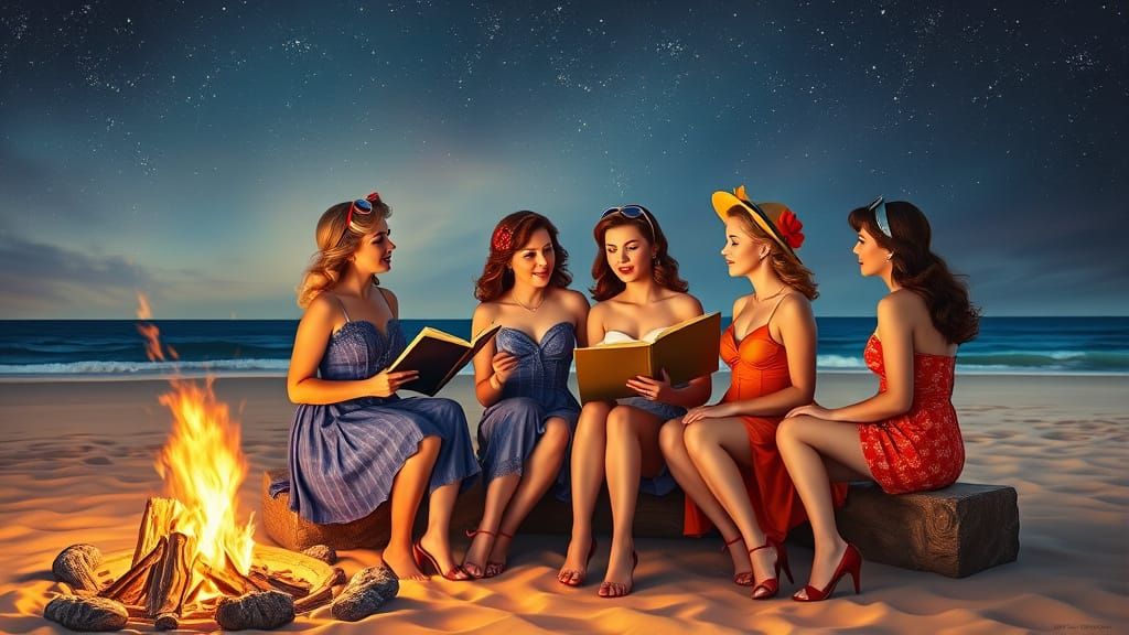 Retro Pin-Up Girls Gathered Around Beach Bonfire
