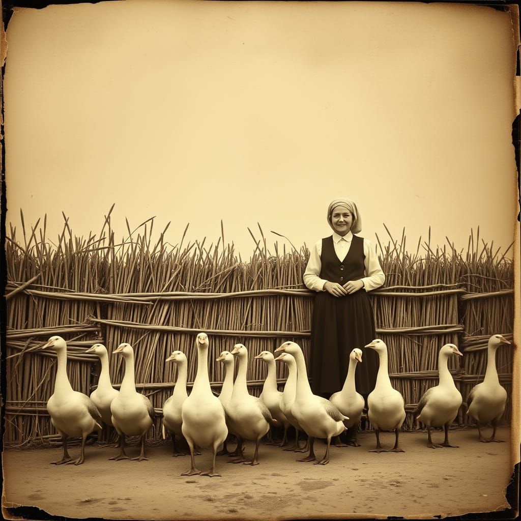 Vintage Sepia Photograph of Peasant Women and Geese