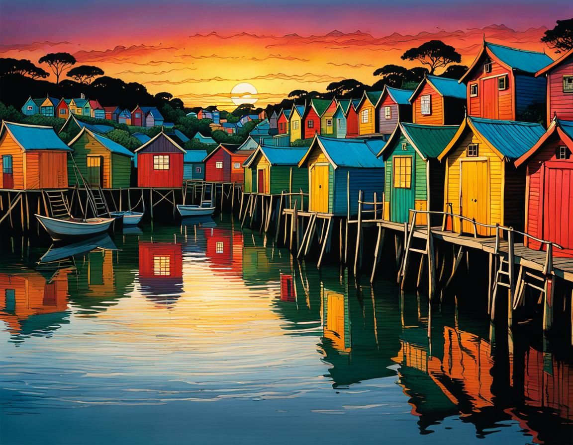 Sunset Over Bay With Colorful Huts