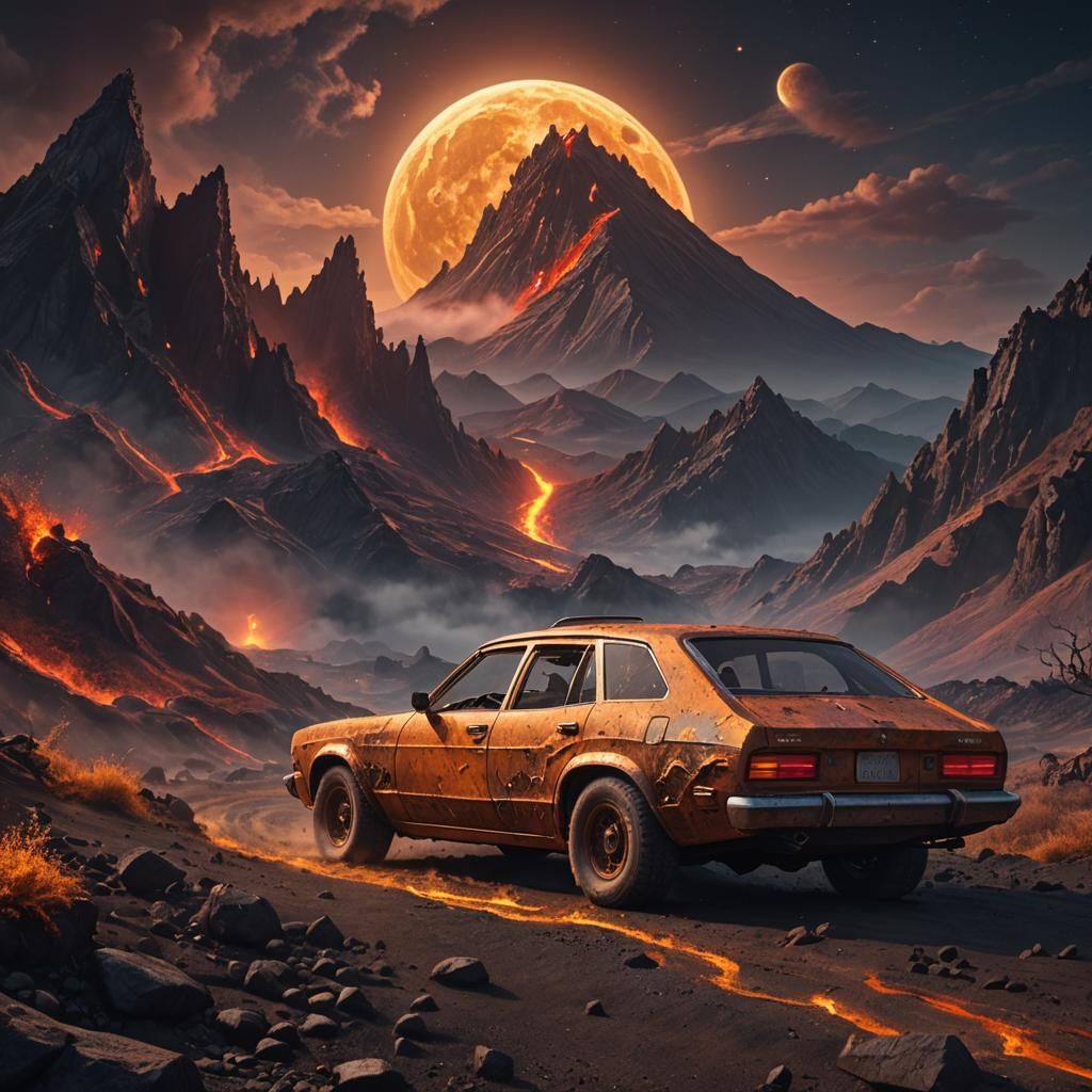 Volcanic Car Under Golden Moon: Fantasy Concept Art