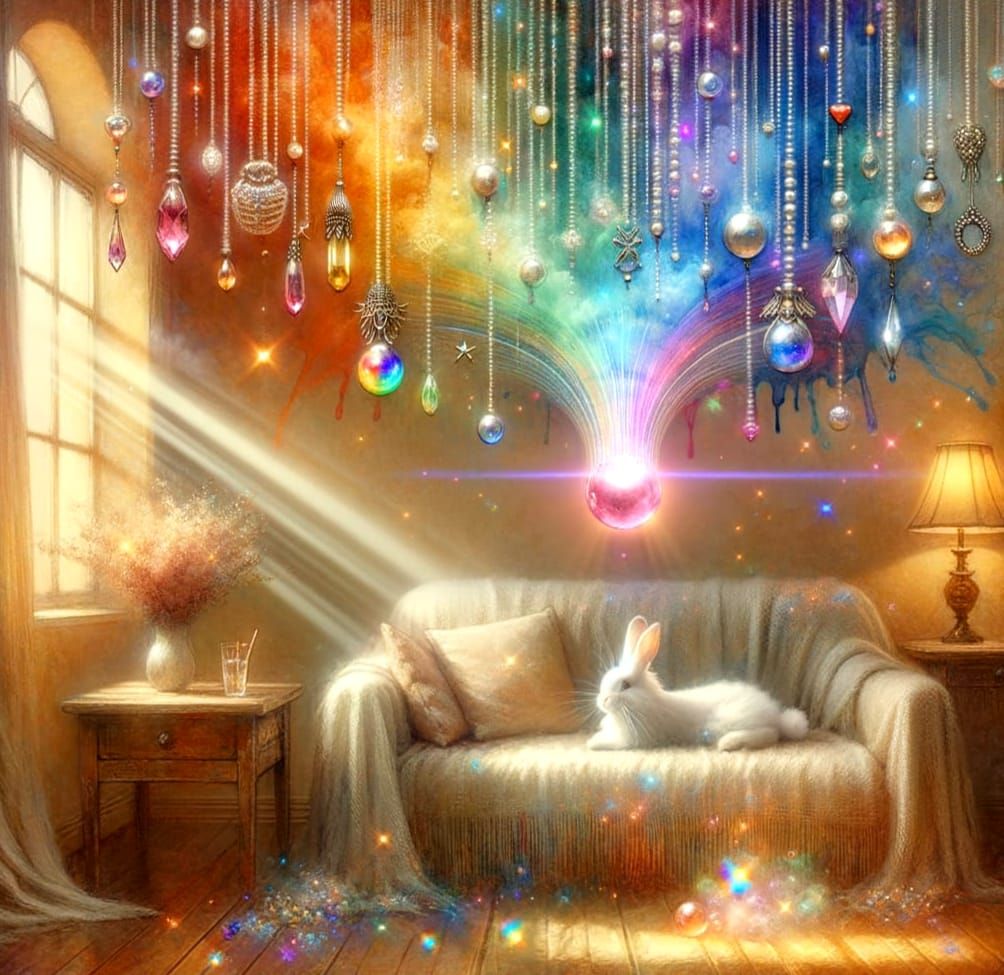 Prismatic Lounge Room with Rainbow and Bunny