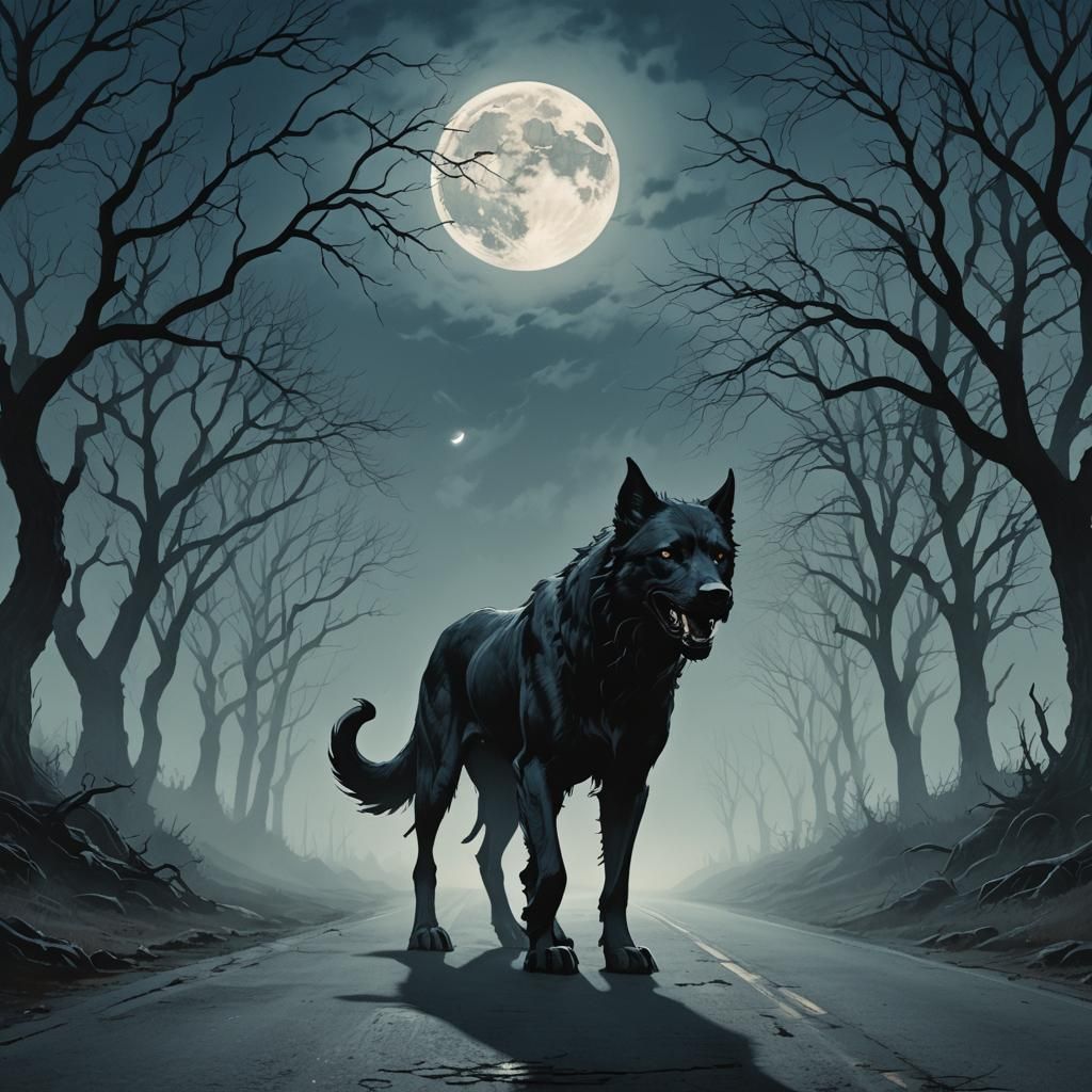 Hellhound in Fog Under Moonlight: Dark Fantasy Art