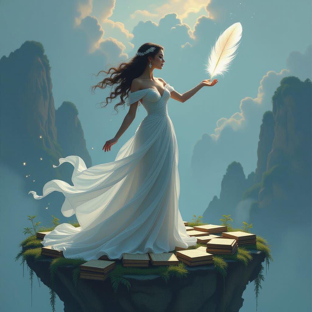 Ethereal Woman on Book Island in Painterly Surreal Style