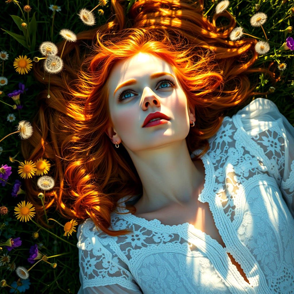 Dreamy Woman in Wildflowers Bathed in Sunlight