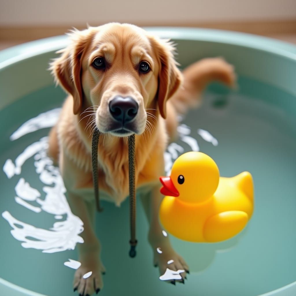 Golden Retriever with Duck in Water Tank