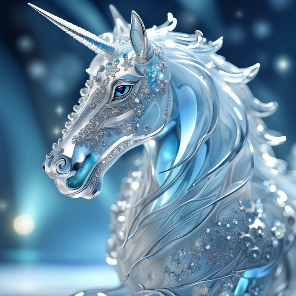 Luminescent Crystal Unicorn with Icy Blue Horn
