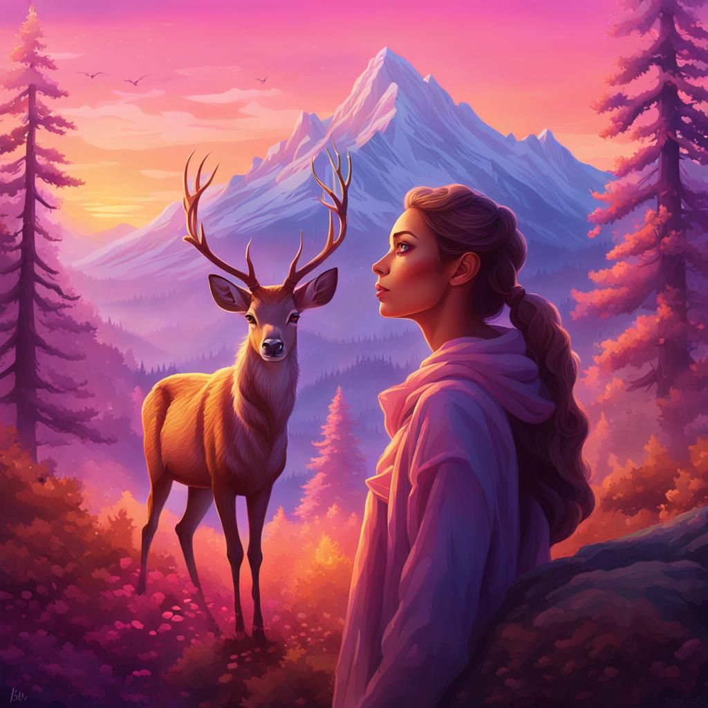Enchanted Deer-Woman Gazing at Sunset: Hyperrealistic Art
