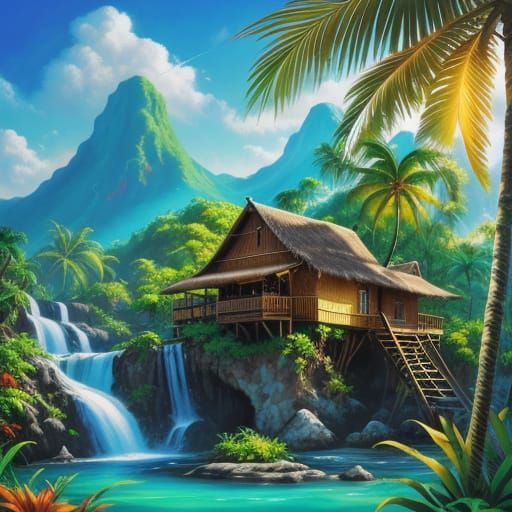 Tropical Hut by Waterfall in Vibrant Oil Painting Style