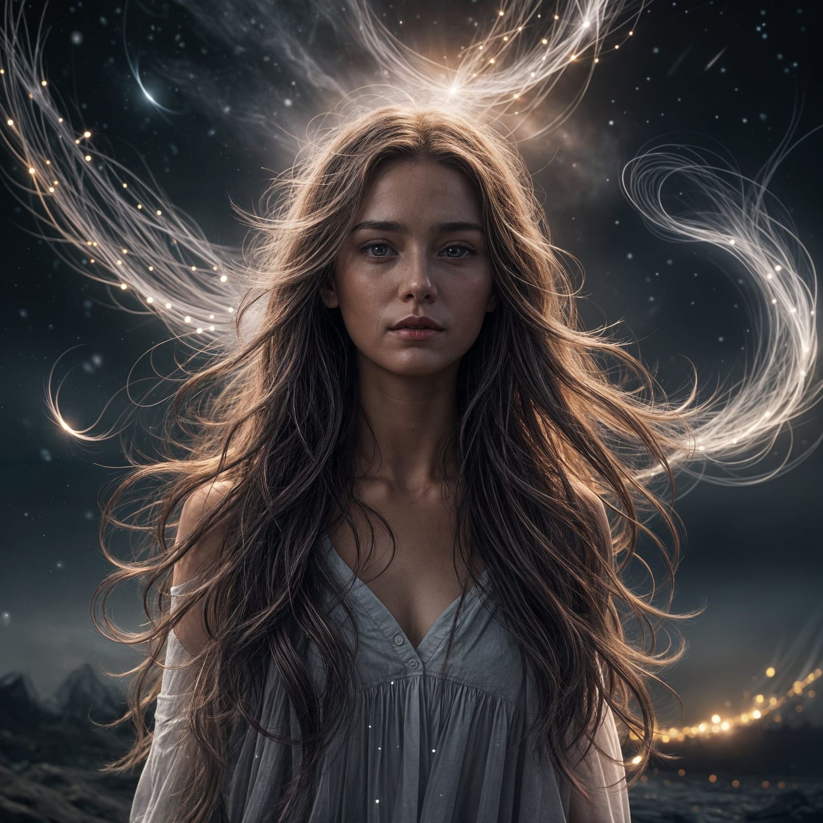 Celestial Neon Portrait in Flowing Photorealism