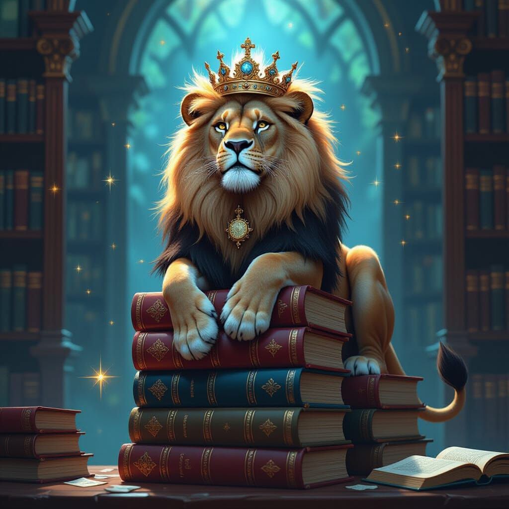 Clockwork Lion King on Books, Cosmic Digital Art