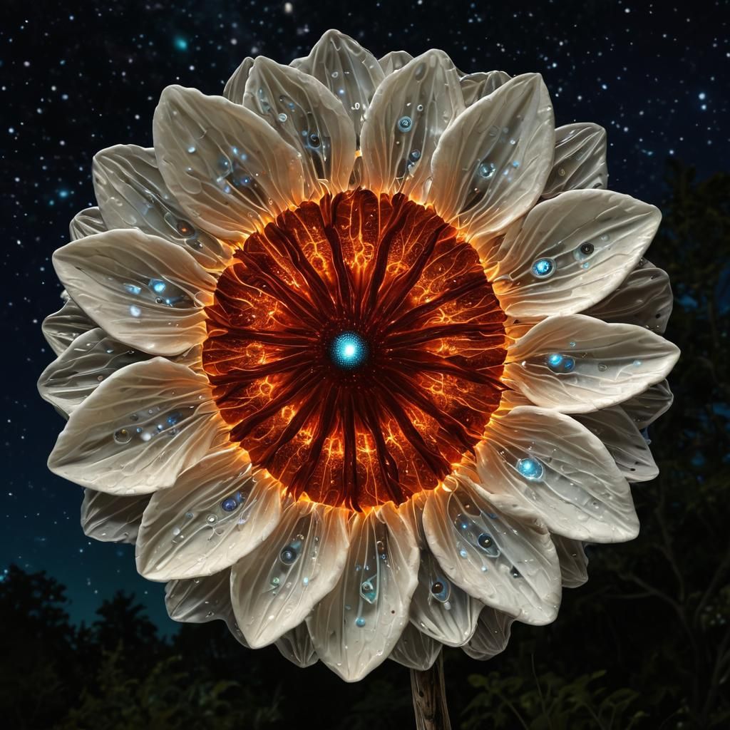 Blood Moon Over Bioluminescent Forest Clearing