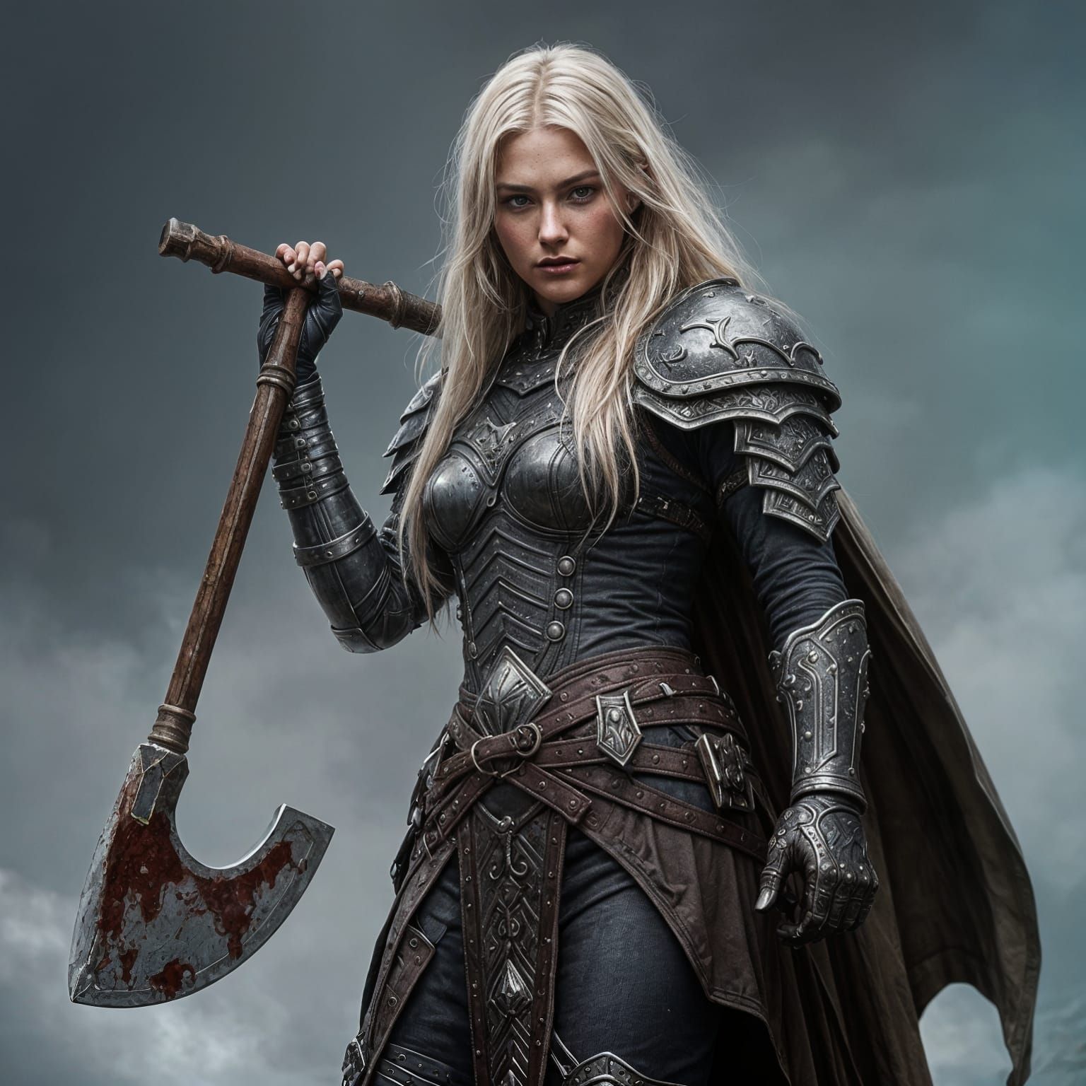Woman Warrior in Bloody Armor with Axe