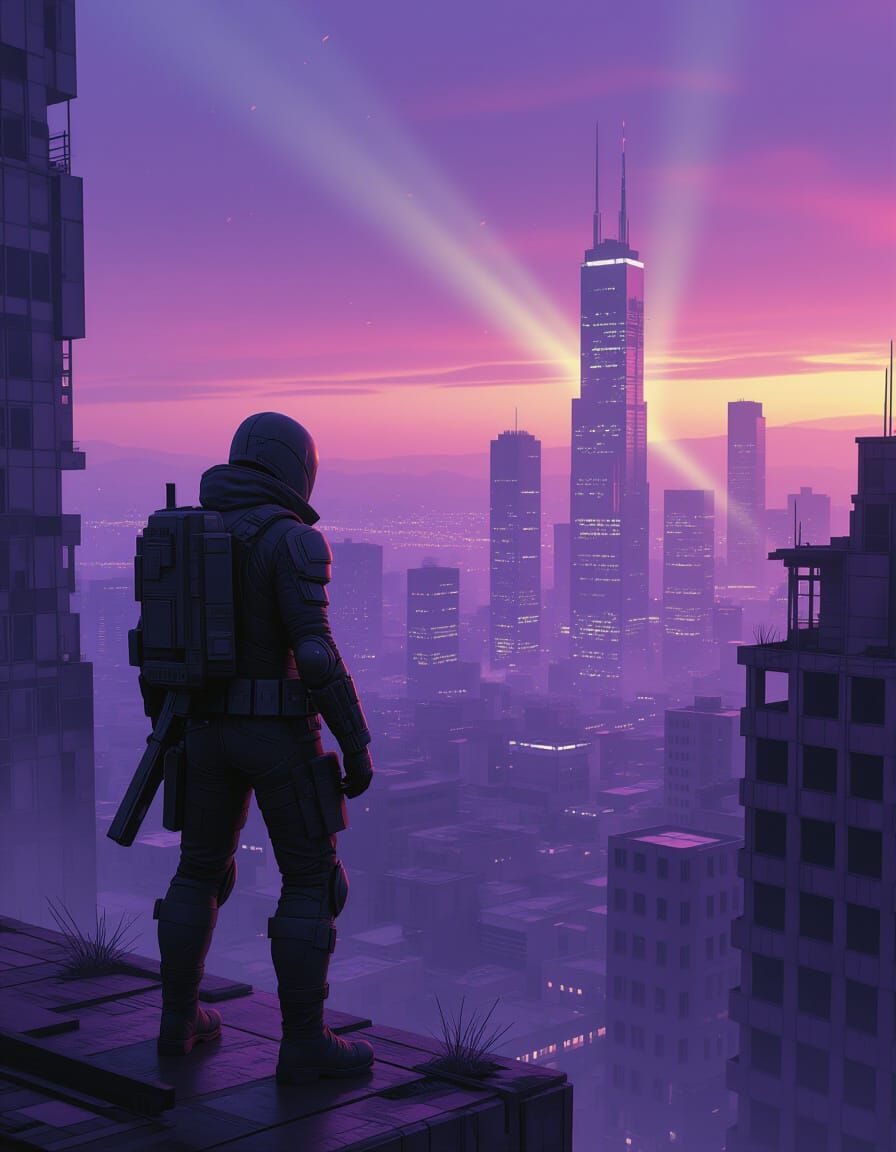 Survivor Overlooks Overgrown Post-Apocalyptic Cityscape