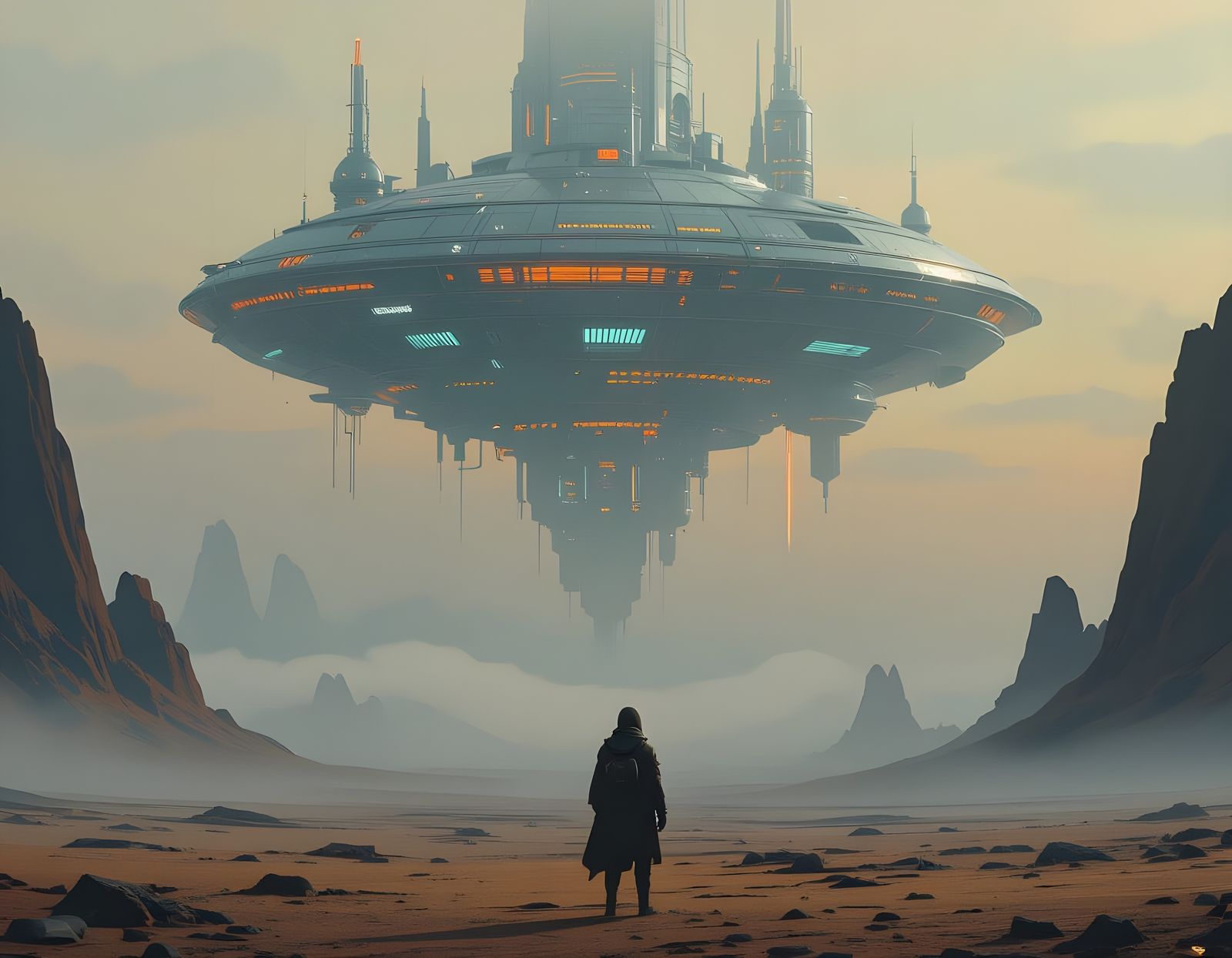 Retro-Futuristic City Above Foggy Planet