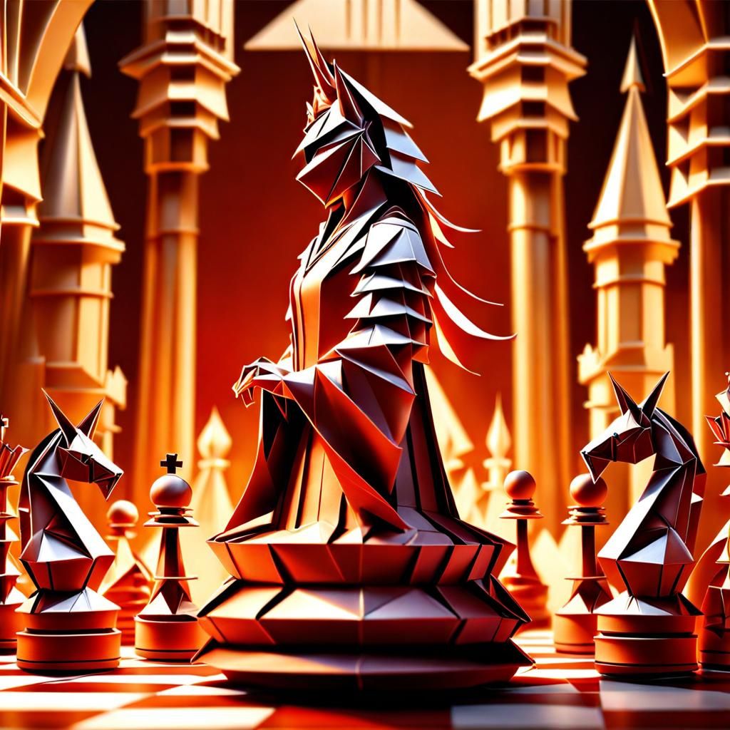 Origami Chess Game in Fantasy Castle Library